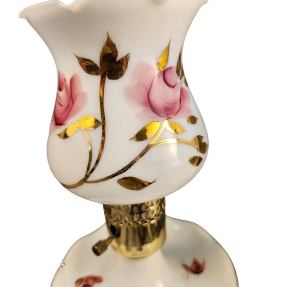 Vintage White Milk Glass Table Lamps With Pink Rose Floral Design & Brass Accent - Picture 15 of 16